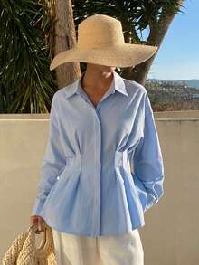 Livesso Women's Collared Ruched Waist Blouse, Autumn/Winter - Blue - View 2