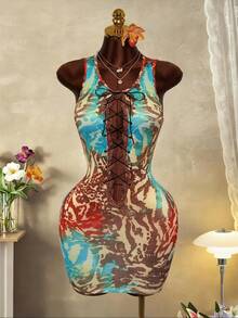 Mistrie Sexy Tie-Dye Cutout Lace-Up Sleeveless Mini Dress For Women Party Clubwear - Multicolor - View 5