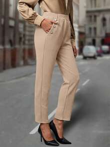 EMERY ROSE 女士休闲通勤纽扣装饰锥形西装裤，秋季女士休闲裤高腰裤，女士高腰休闲裤米色高腰裤女士休闲长裤 - 杏色 - 查看 4