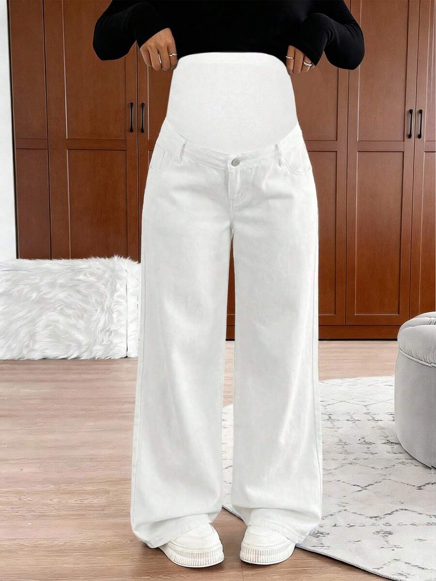 SHEIN Maternity Knit Belly Support White Denim Loose Straight Leg Pants - White - View 1