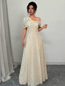 SHEIN Elenzya Asymmetric Shoulder Ruched Waist A-Line Elegant Romantic Dress For Women - Multicolor - View 4