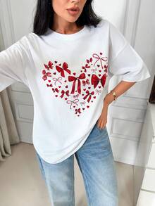 EURMUSE Áo thun cotton tay ngắn màu trắng in hình trái tim và nơ đỏ, cổ tròn, dáng rộng thoải mái. - trắng - Xem 2