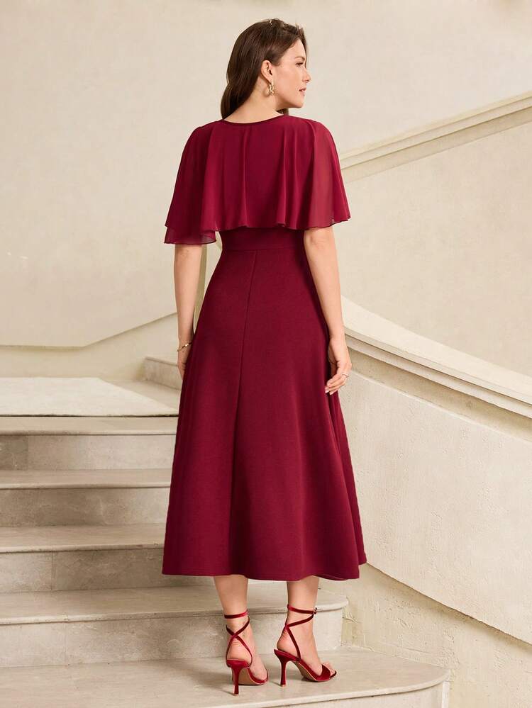 This Elegant Summer Dress, In A Rich Burgundy Hue, Exudes A Passionate And Romantic Vibe, Perfectly Matching The Valentine's Day Atmosphere. The Solid-Color Floral Pattern Paired With Sheer Cuffs Is Simple Yet Sophisticated. The V-Neck Design, Fitted Waist, And Full Skirt, Along With The Light And Flowing Sheer Cuffs, Add A Touch Of Dynamism. The Cape-Like Design And Tailored Cut Accentuate The Figure. This Dress Is Suitable For Spring And Autumn Wear; It Can Be Paired With Accessories In The Same Color Family To Create A Romantic Valentine's Day Atmosphere, Or Layered With A Jacket For Warmth. Whether For A Valentine's Day Date Or A Casual Gathering, This Dress Is An Ideal Choice. The Burgundy Base Color Exudes Romantic Charm, While The Fitted Waist Adds A Touch Of Fashionable Elegance. Versatile And Stylish, It's Suitable For Various Occasions And A Perfect Addition To Any Wardrobe.
