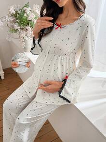 Moonlight&Mama 2pcs Lace Patchwork Maternity Sleepwear Set, Round Neck Star & Moon Print, Elastic Waist Long Sleeve Top & Pants - Apricot - View 8