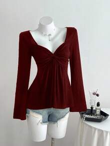 Elamini 女士提花纹理休闲百搭新款扭结修身V领长袖T恤，秋冬款 - 酒紅色 - 查看 5