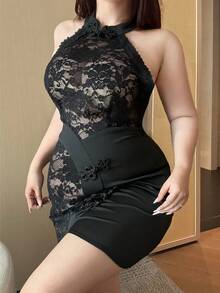 Vibekara Große Größen Sexy Spitze Neckholder Qipao Stil Kleid
