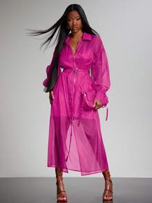 NYA SZN 红色薄纱长款拉链连衣裙，配有戏剧性的层叠袖和缎面吊带，适合晚宴、假日、鸡尾酒会、生日等场合，打造魅力四射的吸睛造型。 - 玫紅色 - 查看 3