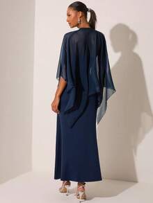 Lilora Đầm nữ màu trơn thiết kế bất đối xứng cổ shawl dáng đuôi cá thanh lịch - Màu xanh hải quân - Xem 4