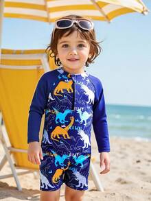 Young Boys Swimwear Cute Blue Dinosaur Printed Knitted Fabric Long Sleeve Zipper One Piece Long Sleeve Jumpsuit Suitable For Summer Vacation Swimming Summer Beach Surfing Pool Summer Party Leisure Vacation - Navy Blue - View 1
