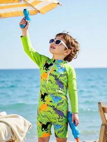 男童卡通恐龙印花半拉链连体泳衣