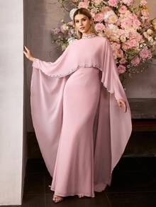 MOTF PREMIUM 女士两件式及地晚礼服——立领披肩，水晶装饰，鱼尾裙摆，雪纺面料，修身剪裁，适合节日派对、婚礼和正式场合。 - 粉色 - 查看 3