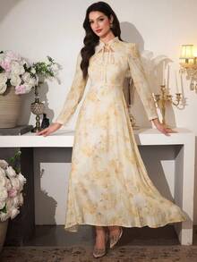 Modelyn 女士优雅系领印花连衣裙，夏季 - 黃色 - 查看 4