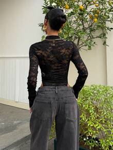SHEIN EZwear Áo liền thân dài tay cổ cao giả ren đen xuyên thấu dành cho nữ - màu đen - Xem 2