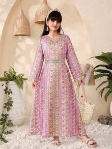 SHEIN Ramadan Abaya Traditional Arab Clothing, Elegant Robe, Suitable For Gatherings And Parties, Floral Print With Gold Trim, Suitable For All Seasons - Black - View 3