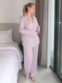 Turnttoni Women's Simple And Comfortable Buttoned Long Sleeve Top And Pants Homewear Lounge Set Holiday Season, Fall Winter Clothes Cozy And Elegant Details - Purple - View 5