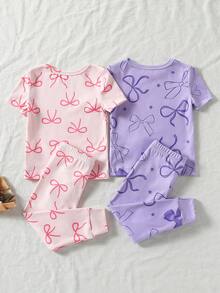 SHEIN Vintaside Kids 女婴两件套弹力针织罗纹高领上衣（带蝴蝶结装饰）和打底裤套装，贴身款 - 彩色 - 查看 2
