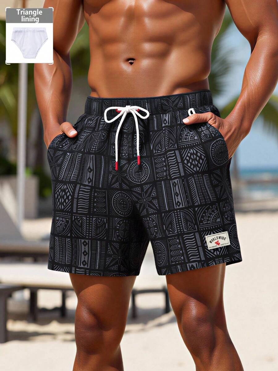 Manfinity Swimmode Men's Beach Vacation Casual Printed Swim Trunks - Grey - View 1