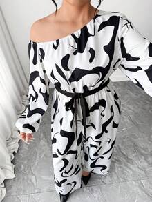 SHEIN Elenzya Plus Size Contrast Color Print Asymmetric Shoulder Jumpsuit - Black and White - View 3