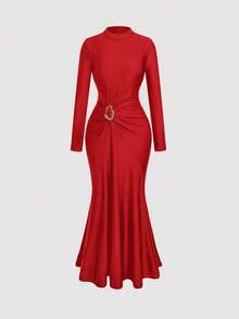 SHEIN MOD Abito elegante da donna taglie forti, monocolore, con colletto alto, maniche lunghe, decorazione in vita e orlo a coda di pesce - Rosso - Visualizzare 4