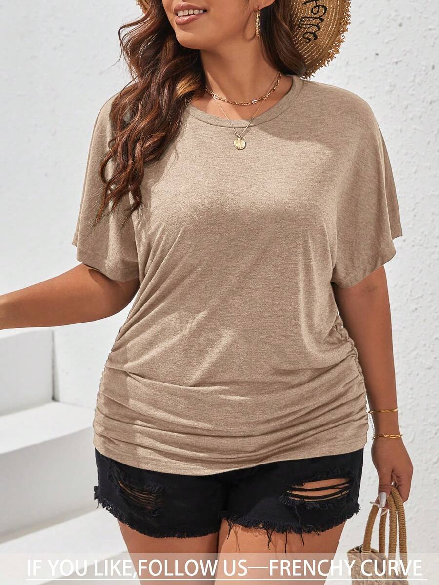 SHEIN Frenchy Áo thun tay cánh dơi xếp ly đơn giản, màu trơn, dành cho nữ, cỡ lớn, thích hợp mặc hàng ngày đi làm. - Màu Khaki - Xem 1