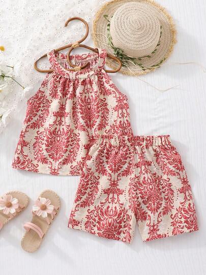 Sparklyn 两件套女童优雅印花短裤和衬衫套装