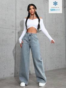 SHEIN PETITE 女士高腰带口袋阔腿宽松休闲百搭牛仔裤 - 淺色水洗藍 - 查看 5