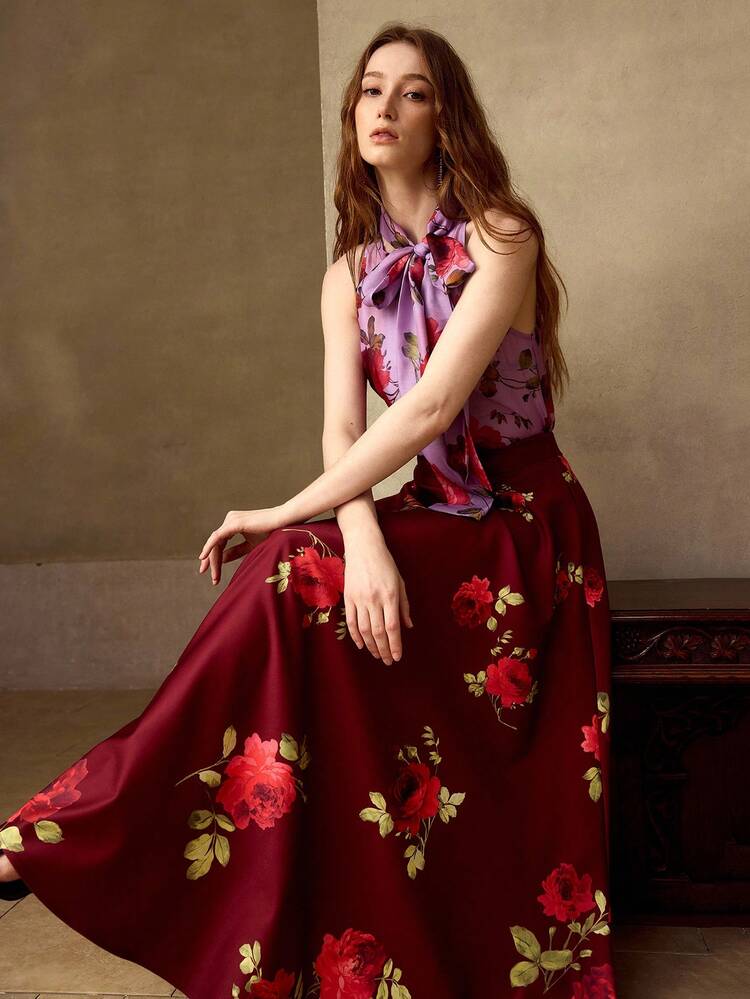 WOMEN'S ROSE PRINT ELEGANT MID-LENGTH A-LINE SKIRT, SUITABLE FOR DATES, SPRING/SUMMER