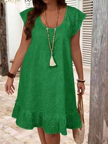 EMERY ROSE Vestido casual de verano de talla grande con bordado hueco y volante en el bajo - Verde - Ver 4