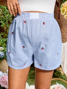SHEIN Maternity Clothes Maternity Pants Pregnant Women's Summer Casual Vacation Style Striped Print Elastic Waist Strawberry Embroidery Loose Shorts Vacation - Blue and White - View 5