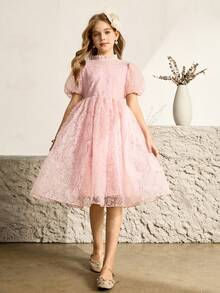 少女夏季优雅荷叶边泡泡袖连衣裙 - 粉色 - 查看 7