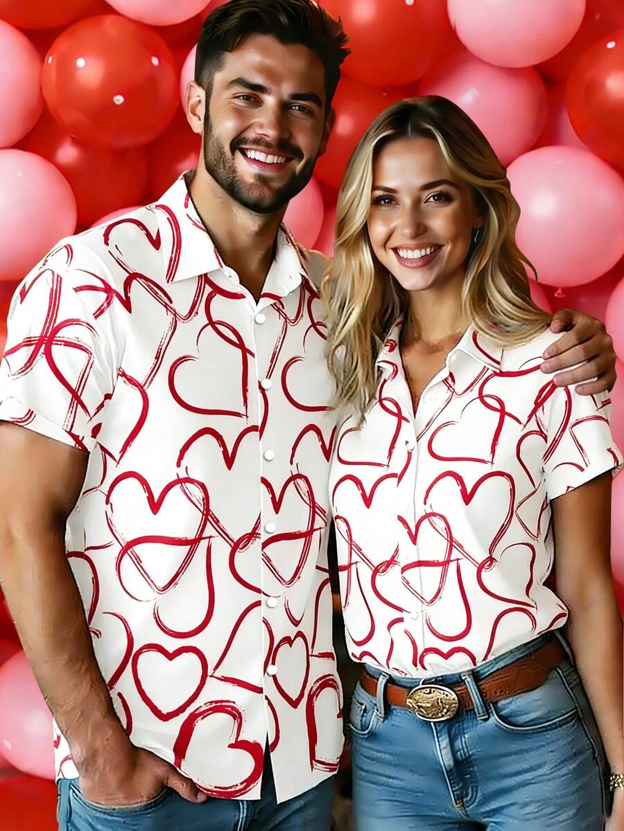 Manfinity Homme 男士白色衬衫，饰有红色爱心图案 - 可爱情侣设计，男士休闲短袖衬衫，约会外出必备，夏季日常穿着，时尚男士衬衫，情人节主题礼物 - 彩色 - 查看 1
