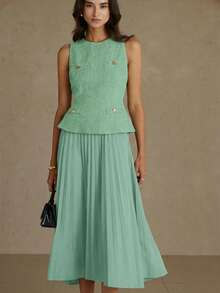 Revavyn 时尚优雅通勤加厚面料+褶裥腰身无袖连衣裙，初秋款 - 薄荷綠 - 查看 7