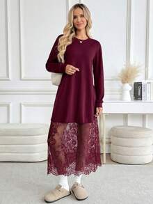 SHEIN LUNE 女士休闲蕾丝拼接长袖中长连衣裙 - 酒紅色 - 查看 8