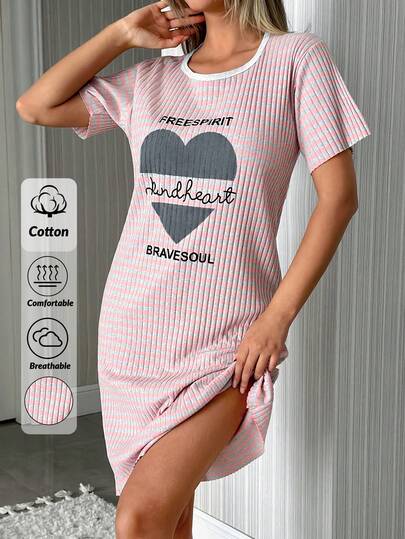 SHEIN 100%Cotton Slogan Graphic Gingham Print Drop Shoulder Short Sleeved Nightdress Summer Sleepwear Nightgown Women Short Sleeve Women Pajama Dress Womens Nightdress Sleepwear Women