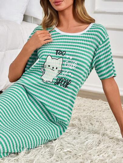 EURMUSE 100%Cotton Letter & Cartoon Embroidery Striped Short Sleeved Nightdress Pijama Set For Woman 100 Cotoon Pajamas Dress Sleep Wear Women Dress Cat Pajamas Women Moo Moo Night Gown Womens Nightdress Women Pajama Dress Short Night Gown