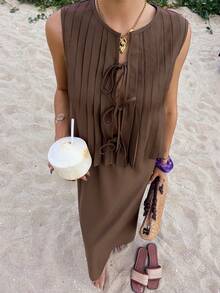 Dazy-Less Bộ đồ nữ gồm áo và chân váy xếp ly thắt nơ phía trước, kiểu dáng thường ngày, thích hợp cho mùa hè. - màu nâu - Xem 1