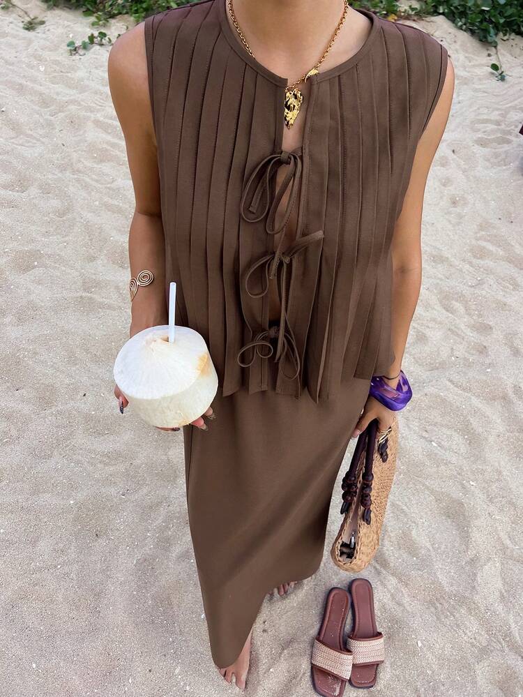 Women's Casual Pleated Front Tie Blouse And Skirt 2 Pieces Set, Summer