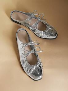 Rosivie Women's French Style Flat Slip-On Shoes, PU Fabric Woven Hollow Toe, Outdoor Versatile Ladies Mules - Silver - View 1