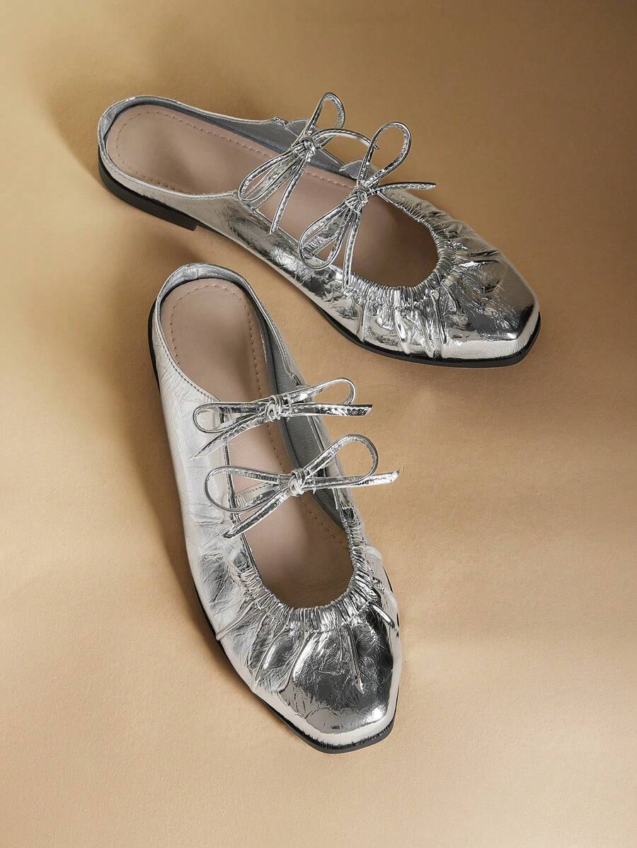 Rosivie Women's French Style Flat Slip-On Shoes, PU Fabric Woven Hollow Toe, Outdoor Versatile Ladies Mules - Silver - View 1