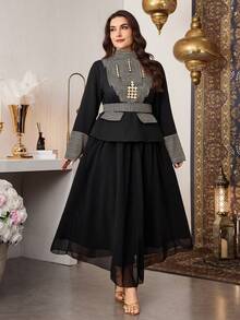 Modelyn 两件套：优雅黑色上衣搭配端庄半裙，大码，传统时尚 - 黑色 - 查看 3