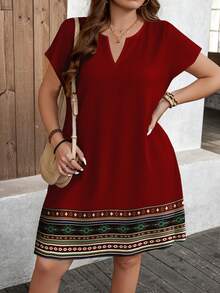 EMERY ROSE Casual Vintage Floral Print V-Neck Short Dress, Suitable For Spring/Summer Vacation Red - Burgundy - View 6