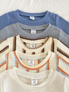 SHEIN Vintaside Kids 5pcs/Set Baby Boy Outfit, Including 5 Textured Knit Short Sleeve Crew Neck Tops And 5 Elastic Waist Textured Knit Shorts. The Top Colors Are Orange & Blue Stripe, Brown & Beige Stripe, Apricot, Hazy Blue, And Dark Gray, With Matching Shorts Colors. Suitable For Spring/Summer, Outdoor Activities, Casual Wear, Fits 6 Months To 2-3 Years Old Baby Boy Sets Waffle Knit Short Sleeve Set - Multicolor - View 6