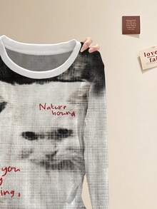 SHEIN 猫咪数码印花时尚简约女式长袖T恤，送朋友的礼物 - 彩色 - 查看 3