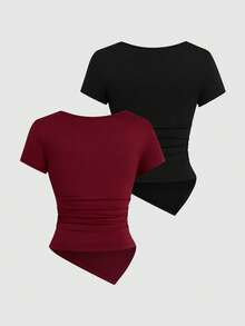 Sweetra T-shirt ajusté à manches courtes avec ourlet asymétrique minimaliste de couleur unie grande taille - Noir - Voir 2
