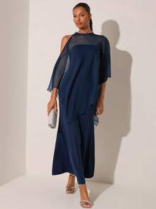 Lilora Đầm nữ màu trơn thiết kế bất đối xứng cổ shawl dáng đuôi cá thanh lịch - Màu xanh hải quân - Xem 6