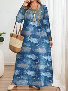 EMERY ROSE Plus Size Women Retro Print Long Sleeve Round Neck Casual Elegant Dress, Suitable For Spring Carnival,Vacation - Multicolor - View 4