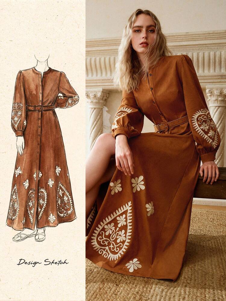 VESTIDO LONGO ELEGANTE BORDADO COM CINTO DE SUEDETE PARA MULHERES