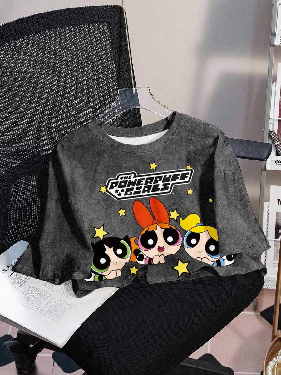 THE POWERPUFF GIRLS X SHEIN 女士休闲时尚街头风可爱花朵、泡泡、毛茛图案落肩宽松短款T恤，夏季 - 白色 - 查看 1