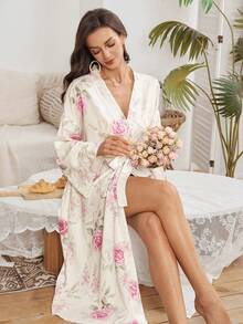 Serenescape Women's Casual Floral Print Long Robe, Vacation Style - Beige - View 4