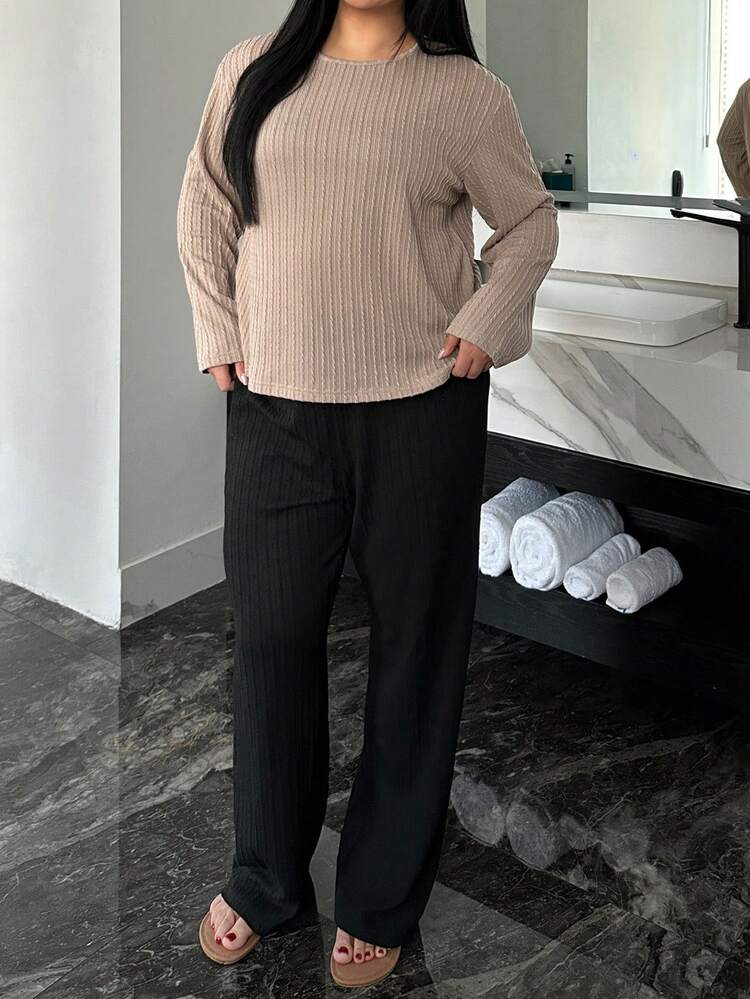 Dazy Plus 2pcs Casual Loungewear Set, Solid Color Long Sleeve Loose Top And Straight Leg Pants, Plus Size Women, Spring/Summer/Autumn